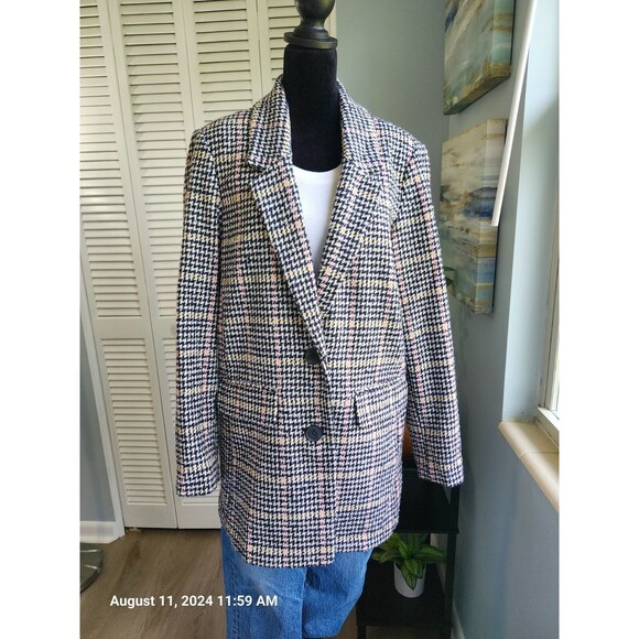 Old Navy Wool Blend Houndstooth Plaid Jacket Black White Navy Pink Medium - Picture 1 of 7